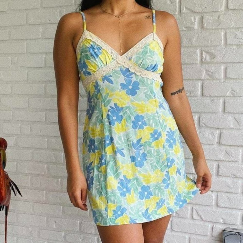 Libby Floral Slip Dress with Lace Trim (Green)